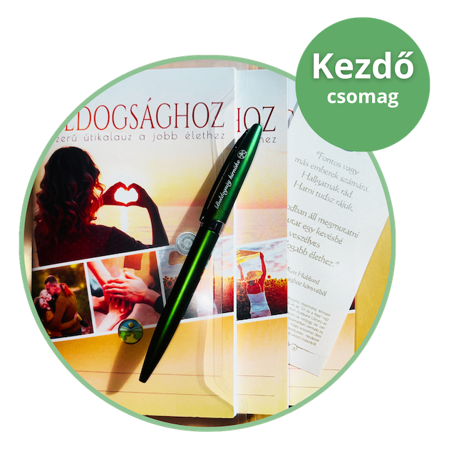 Kezdőcsomag 10 könyvvel, egy Boldogság Hírnöke tollal, egy könyvjelzővel és műanyag tokkal, melyben 3 könyvecske mindig veled lehet, miközben védve vannak a táskádban.